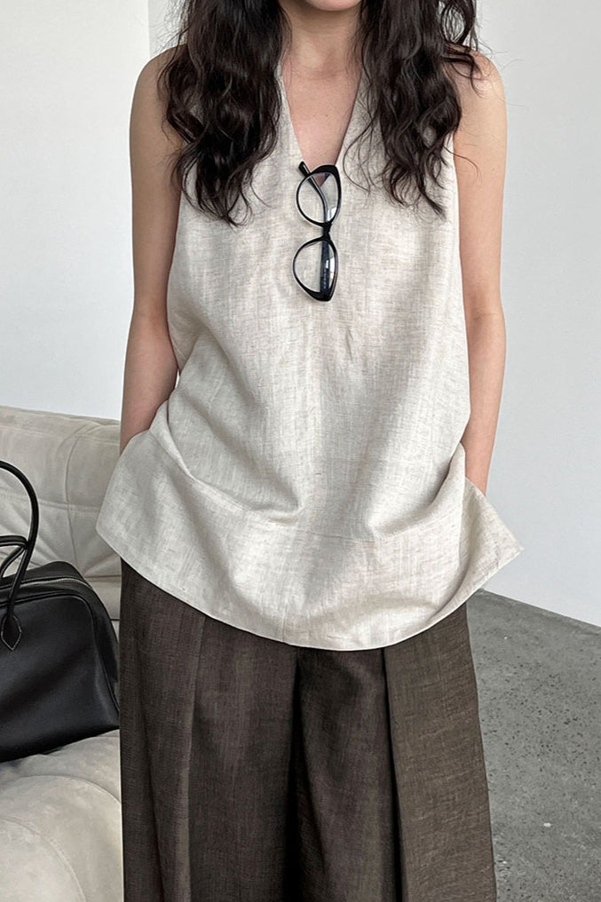 Halter V Neck Linen Casual Tank Top