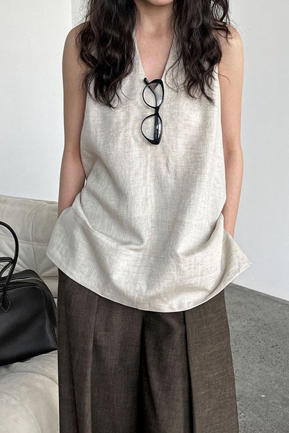 Halter V Neck Linen Casual Tank Top