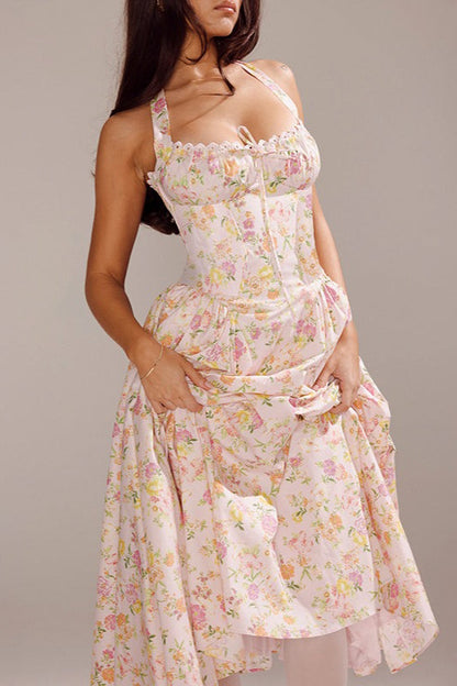 Floral Halter Neck Corset Sweetheart Lace Trim A-Line Midi Dress