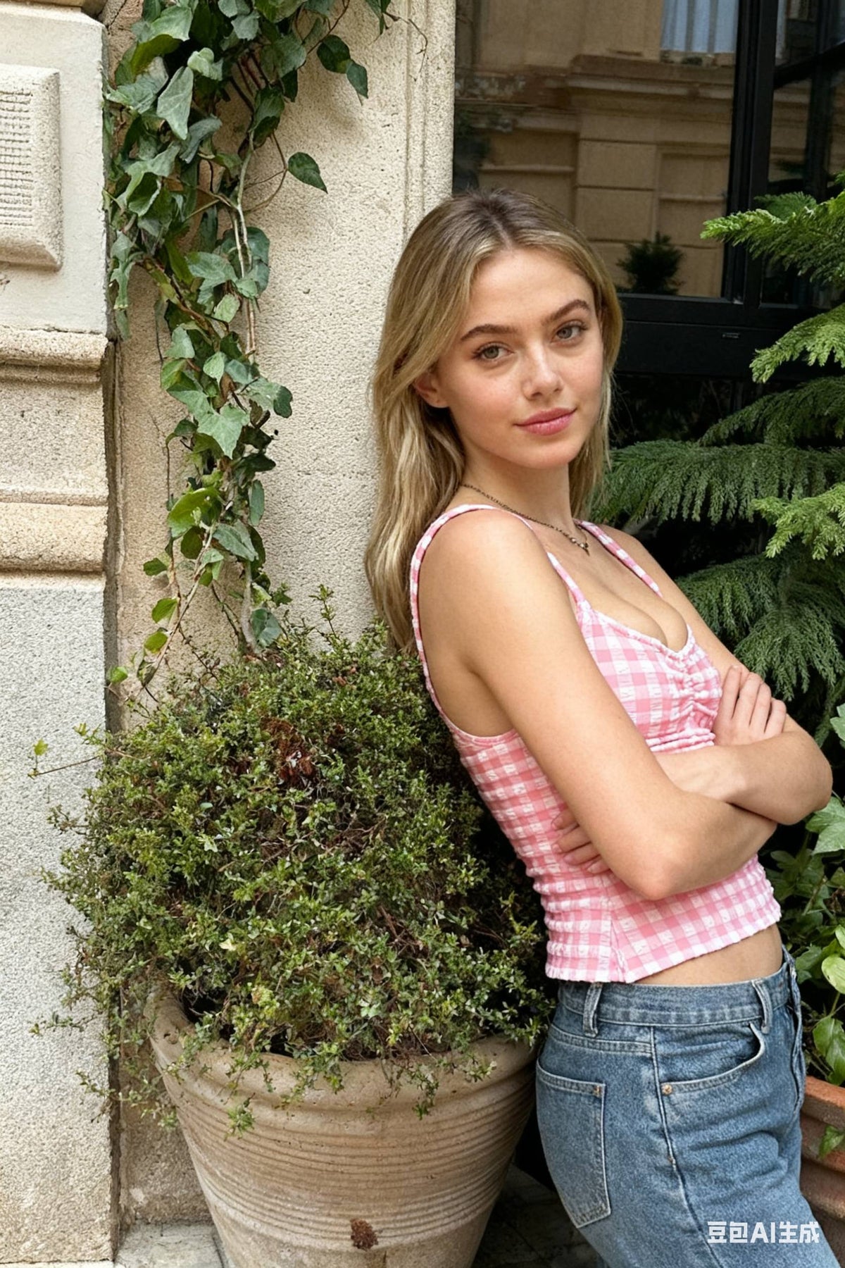 Plaid Low-cut Lace Backless Strap Tank Crop Top