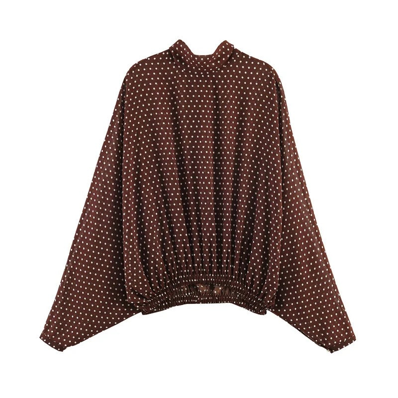 Seraphina Flowing Lantern-Sleeve Polka Dot Blouse