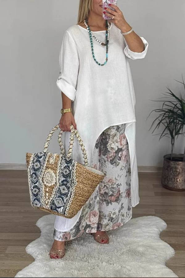 Irregular Linen Tunic & Vintage Floral Wide Leg Pant 2-Piece Set