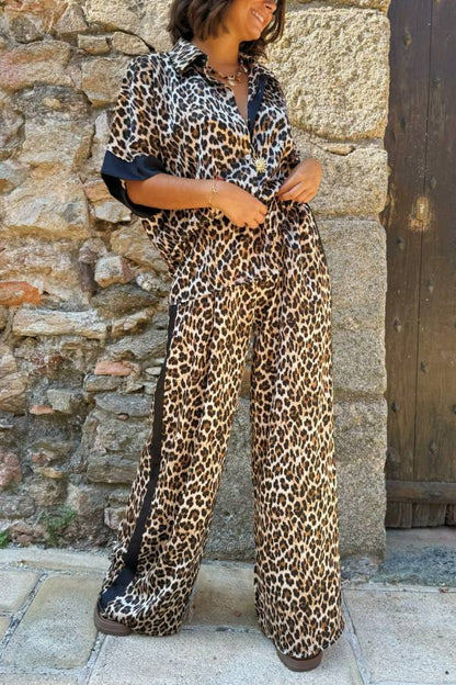 Leopard Print Color Block Short Sleeve Loose Shirt and Elastic Waist Pocket Pants Set