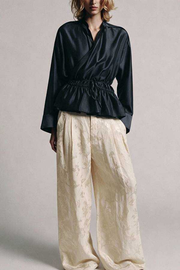 Adrenia Lyocell Blend Long Sleeve Gathered Waist Detail Relaxed Blouse