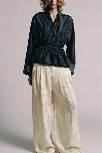 Adrenia Lyocell Blend Long Sleeve Gathered Waist Detail Relaxed Blouse