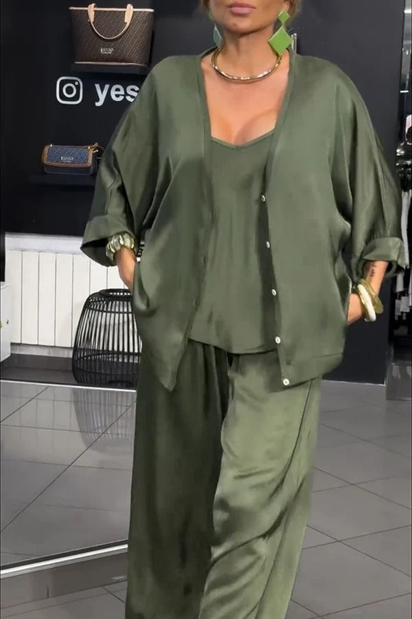 Ellie Satin Button Half Sleeve Cardigan and Tank and Elastic Waist Pocket Pants 3 Pieces Set