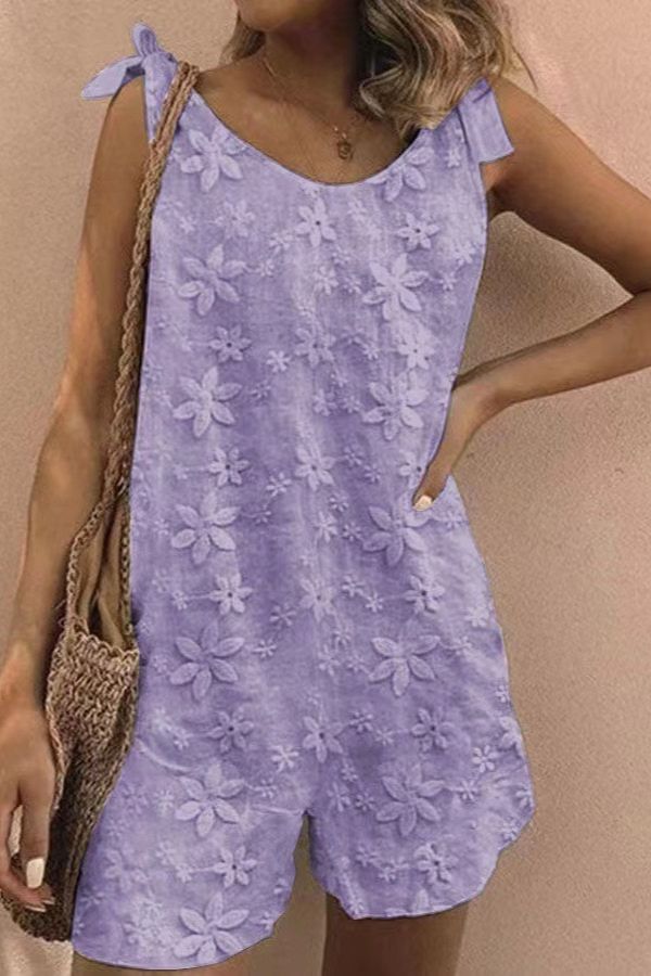 Embroidered floral lace-up tank top romper
