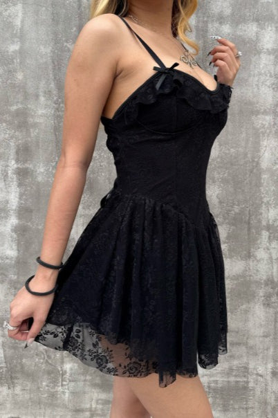Solid V Neck Ruffled Lace Dress