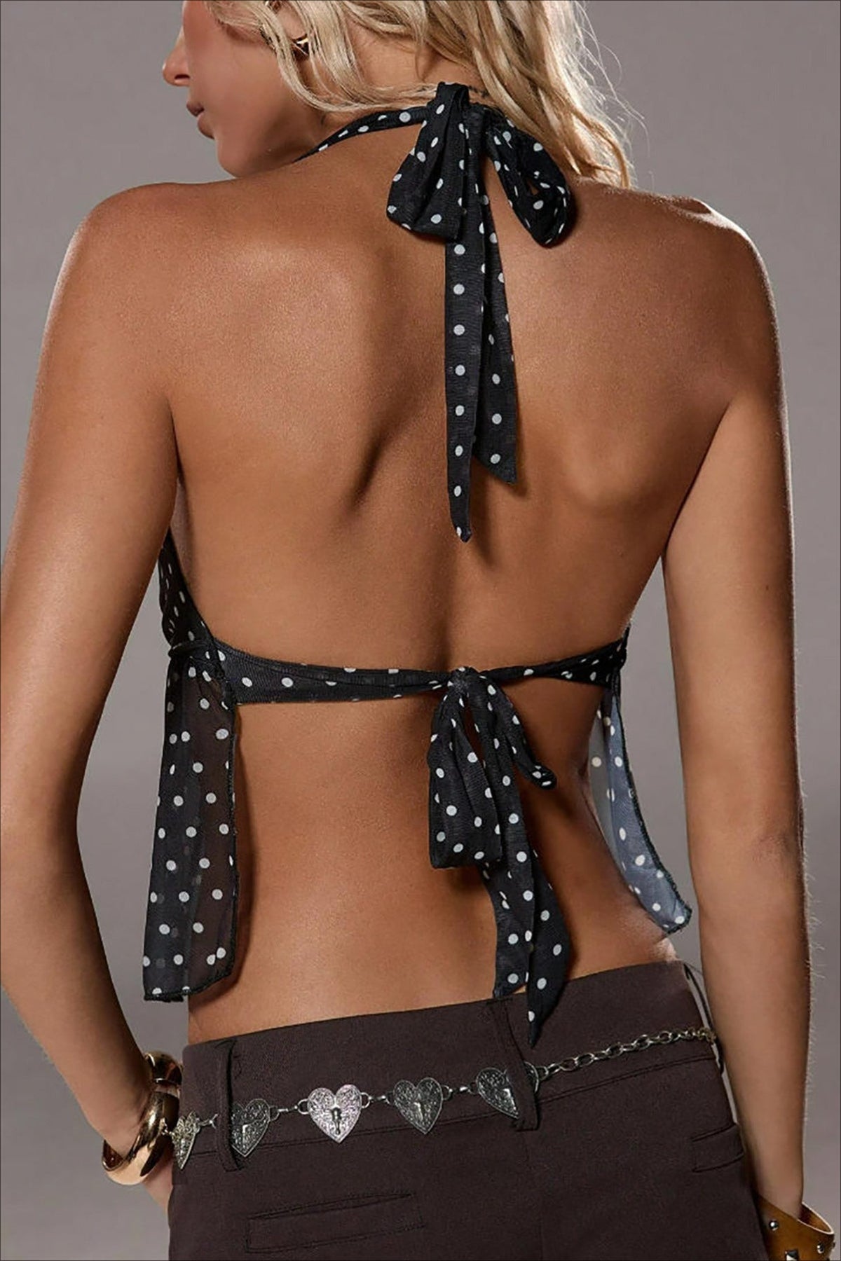 Polka Dot Deep V Ruffle Tie Neck Halter Top