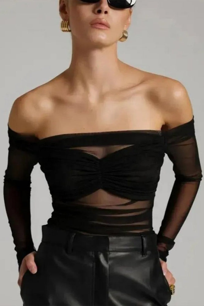 Off Shoulder Sheer Mesh Bodycon Long Sleeve Tee