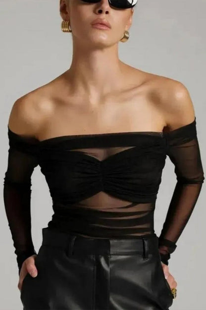 Off Shoulder Sheer Mesh Bodycon Long Sleeve Tee