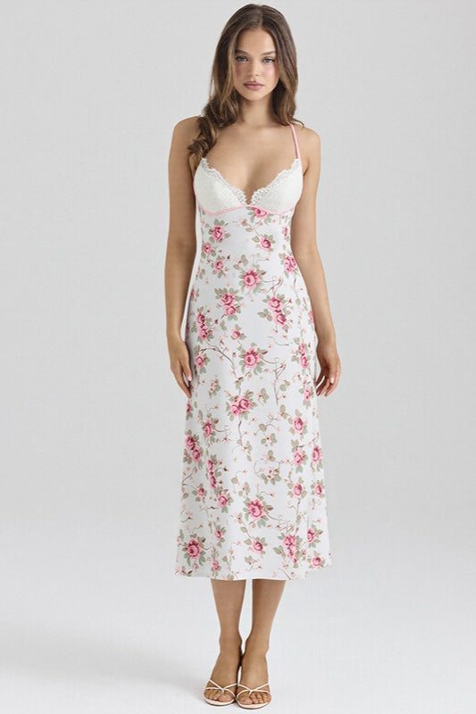 Lace Patchwork Printed V Neck Bodycon Floral Dress