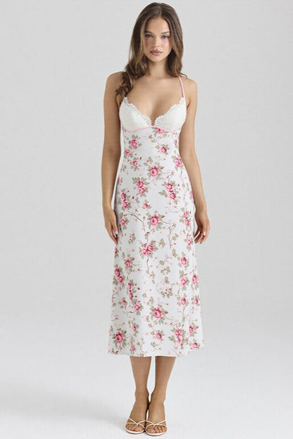 Lace Patchwork Printed V Neck Bodycon Floral Dress