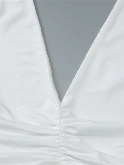 White Halter Neck Deep V-Neck Horizontal Ruched Bodycon Maxi Dress