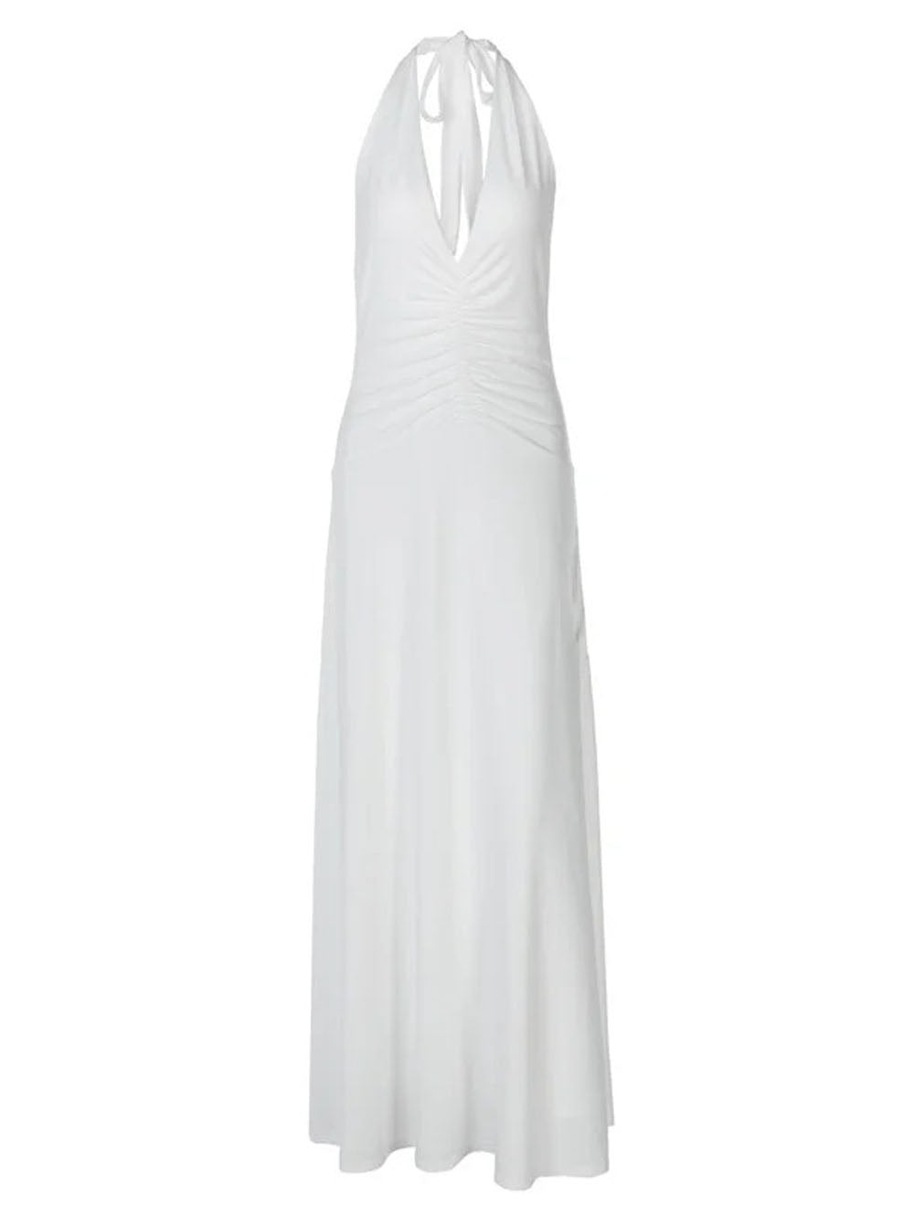 White Halter Neck Deep V-Neck Horizontal Ruched Bodycon Maxi Dress