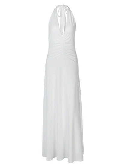 White Halter Neck Deep V-Neck Horizontal Ruched Bodycon Maxi Dress