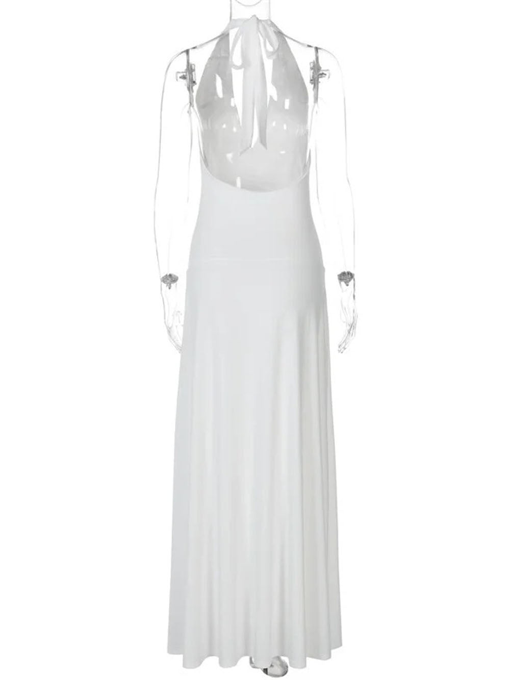 White Halter Neck Deep V-Neck Horizontal Ruched Bodycon Maxi Dress