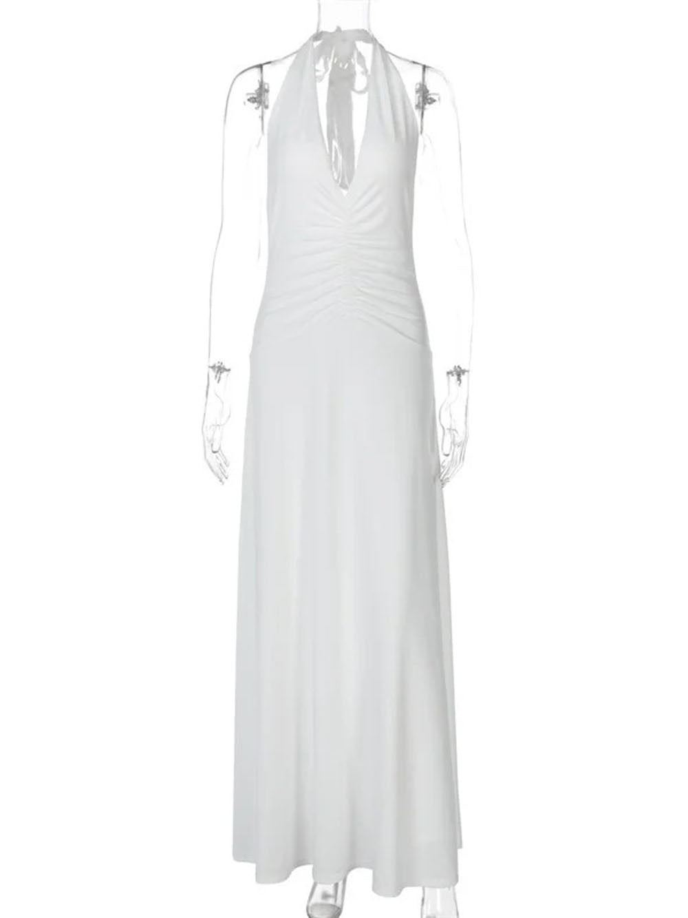 White Halter Neck Deep V-Neck Horizontal Ruched Bodycon Maxi Dress