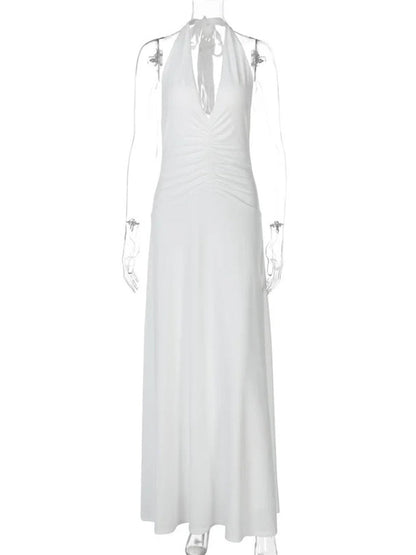 White Halter Neck Deep V-Neck Horizontal Ruched Bodycon Maxi Dress