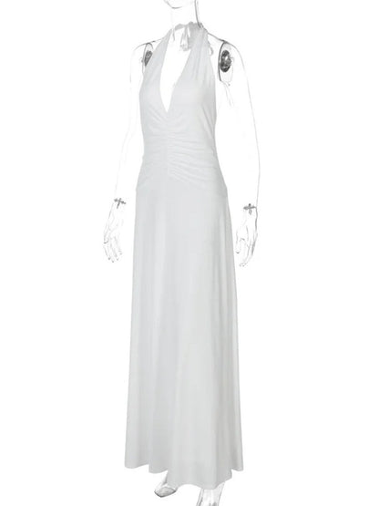 White Halter Neck Deep V-Neck Horizontal Ruched Bodycon Maxi Dress