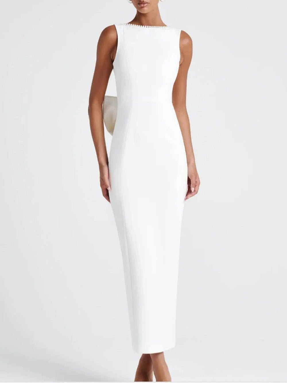 White Pearl Trim Boat Neck Back Bow Cascade Drape Maxi Gown