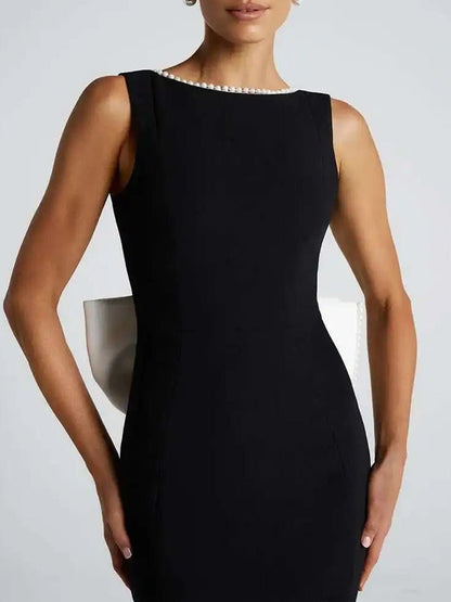 Black Pearl Trim Boat Neck Back Bow Cascade Drape Maxi Gown