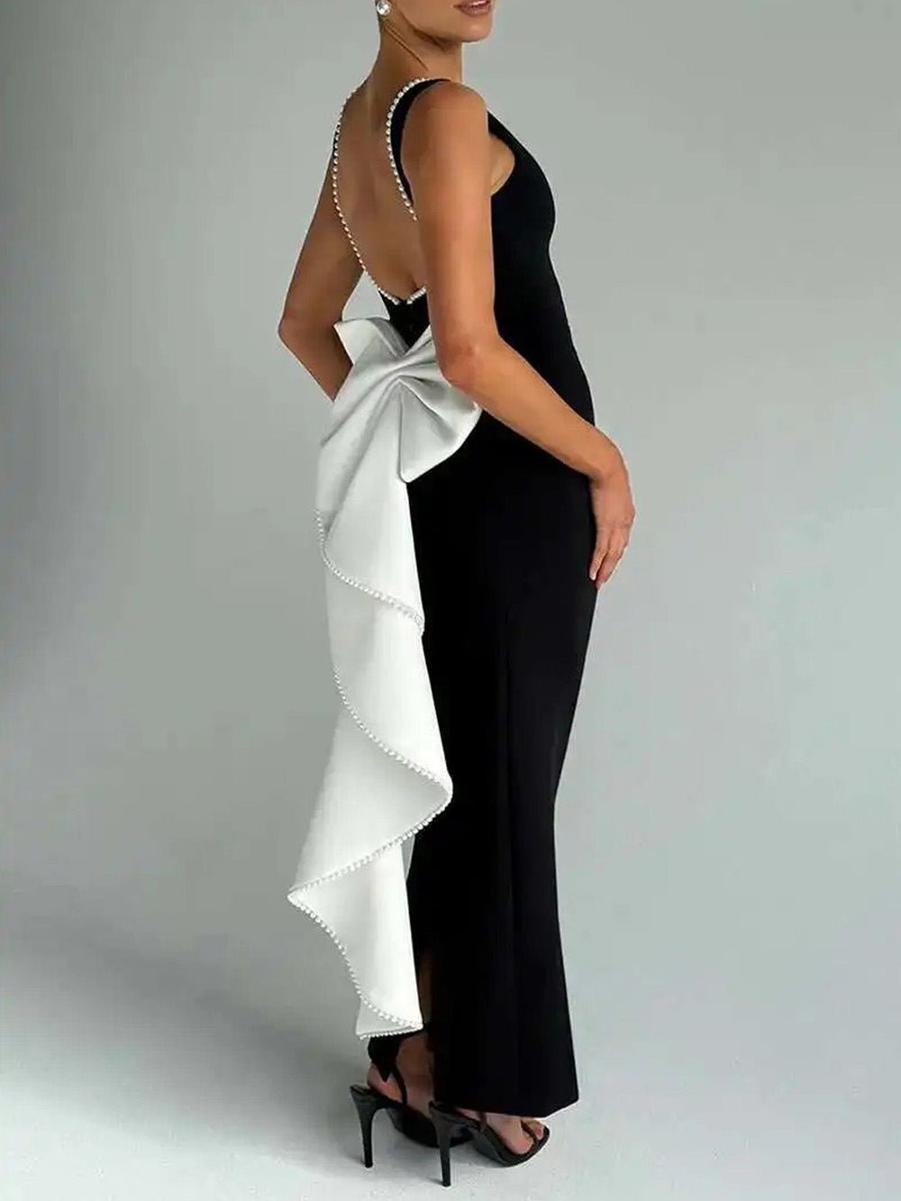 Black Pearl Trim Boat Neck Back Bow Cascade Drape Maxi Gown