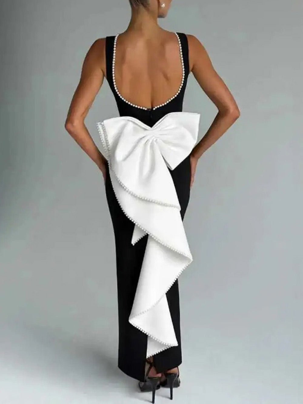 Black Pearl Trim Boat Neck Back Bow Cascade Drape Maxi Gown