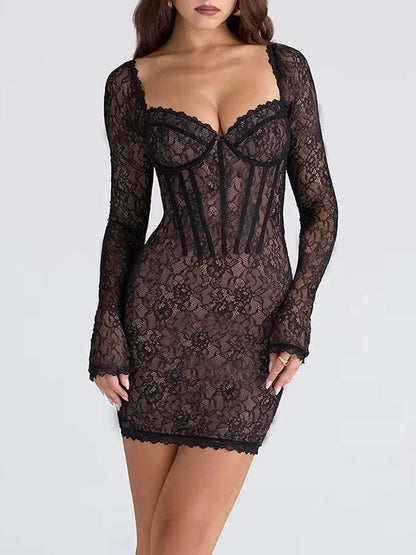 Black Lace Corset Sweetheart Underwire Boning Long Sleeve Bodycon Mini Dress
