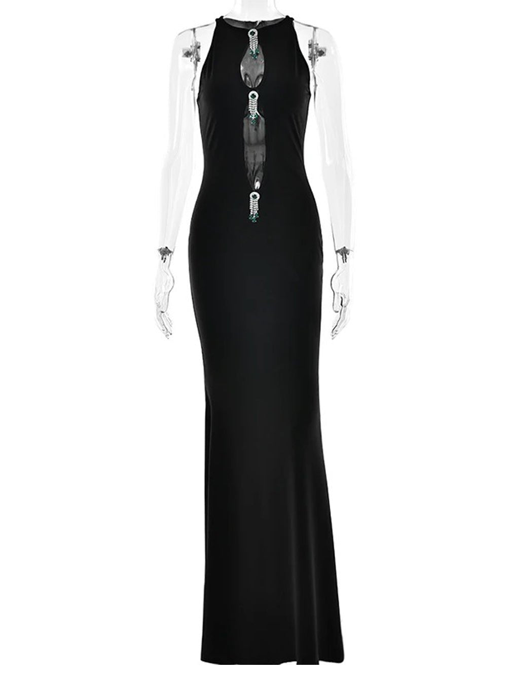 Black Halter Neck Keyhole Cut Out Jeweled Brooch Bodycon Maxi Gown