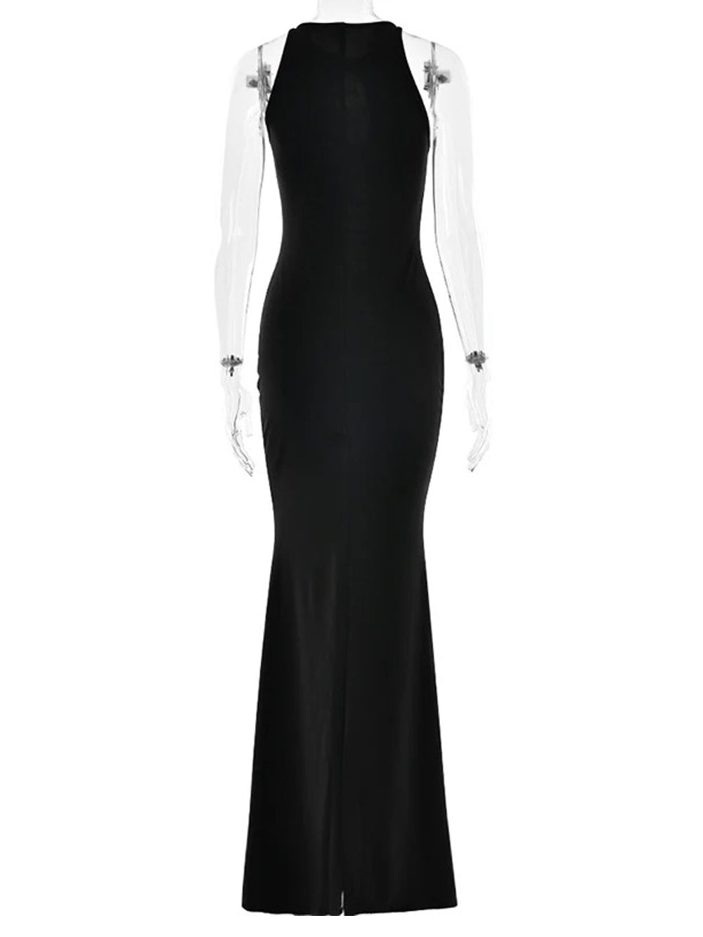 Black Halter Neck Keyhole Cut Out Jeweled Brooch Bodycon Maxi Gown