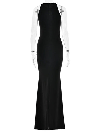 Black Halter Neck Keyhole Cut Out Jeweled Brooch Bodycon Maxi Gown