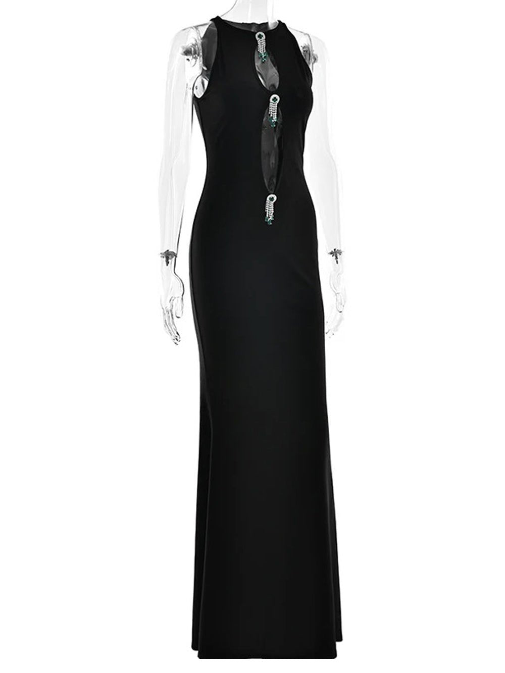 Black Halter Neck Keyhole Cut Out Jeweled Brooch Bodycon Maxi Gown