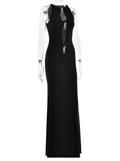 Black Halter Neck Keyhole Cut Out Jeweled Brooch Bodycon Maxi Gown