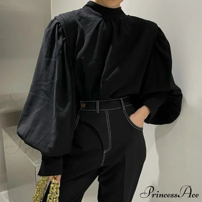 Black Lantern Sleeve Button-Up Blouse