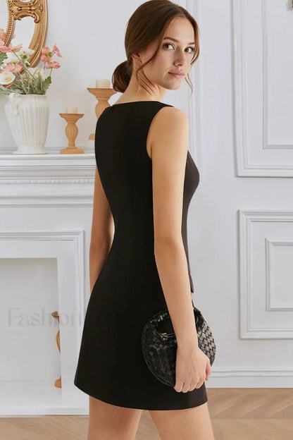 Elegant Button-Front Waist-Cinched Sleeveless Work Dress
