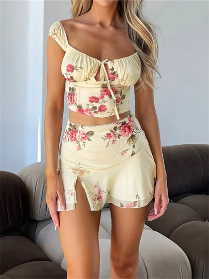 Elegant Floral Corset Mini Skirt Two Piece Set