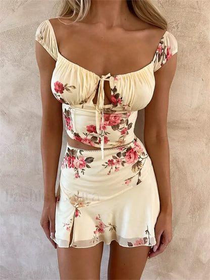 Elegant Floral Corset Mini Skirt Two Piece Set