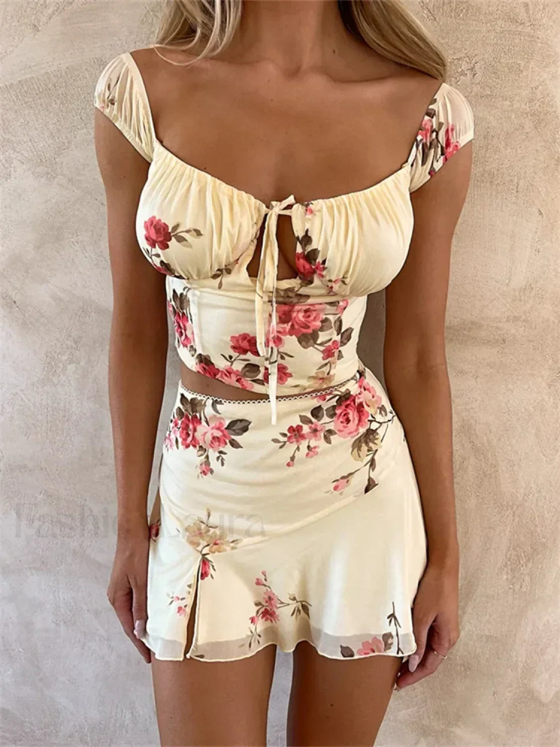 Elegant Floral Corset Mini Skirt Two Piece Set