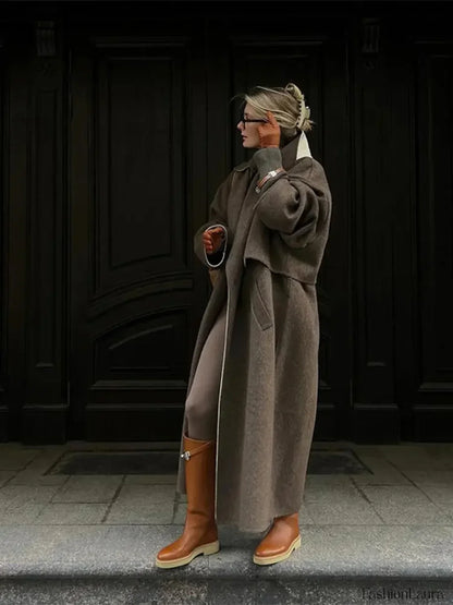 Elegant Patchwork Lapel Long Sleeve Woolen Overcoats