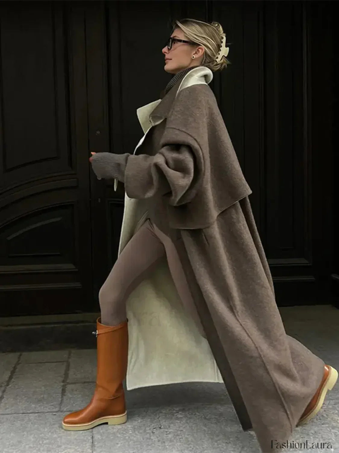 Elegant Patchwork Lapel Long Sleeve Woolen Overcoats