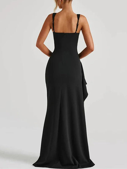 Black Square Neck Wide Strap Ruched Side Slit Cascade Ruffle Column Maxi Dress