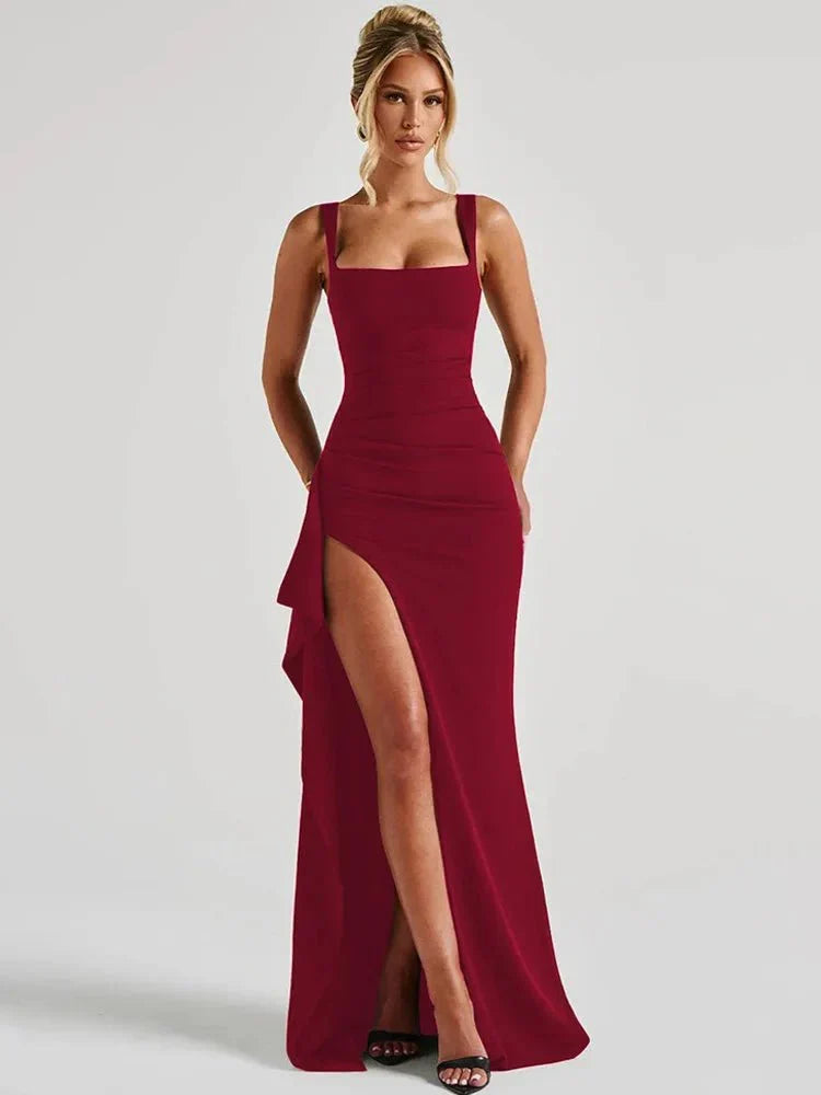 Red Square Neck Wide Strap Ruched Side Slit Cascade Ruffle Column Maxi Dress