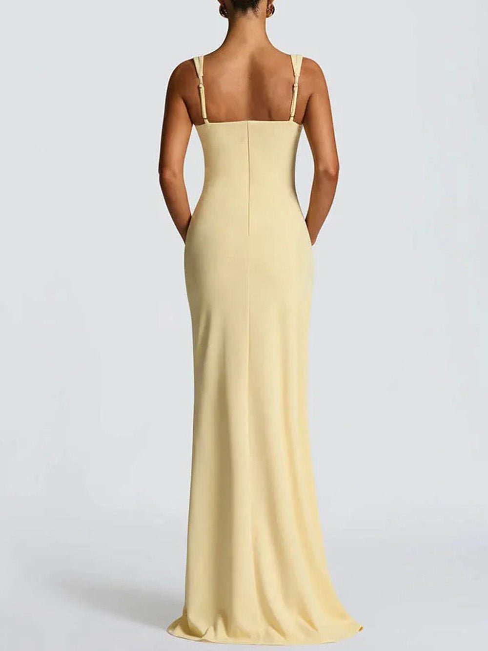 Yellow Square Neck Wide Strap Ruched Side Slit Cascade Ruffle Column Maxi Dress
