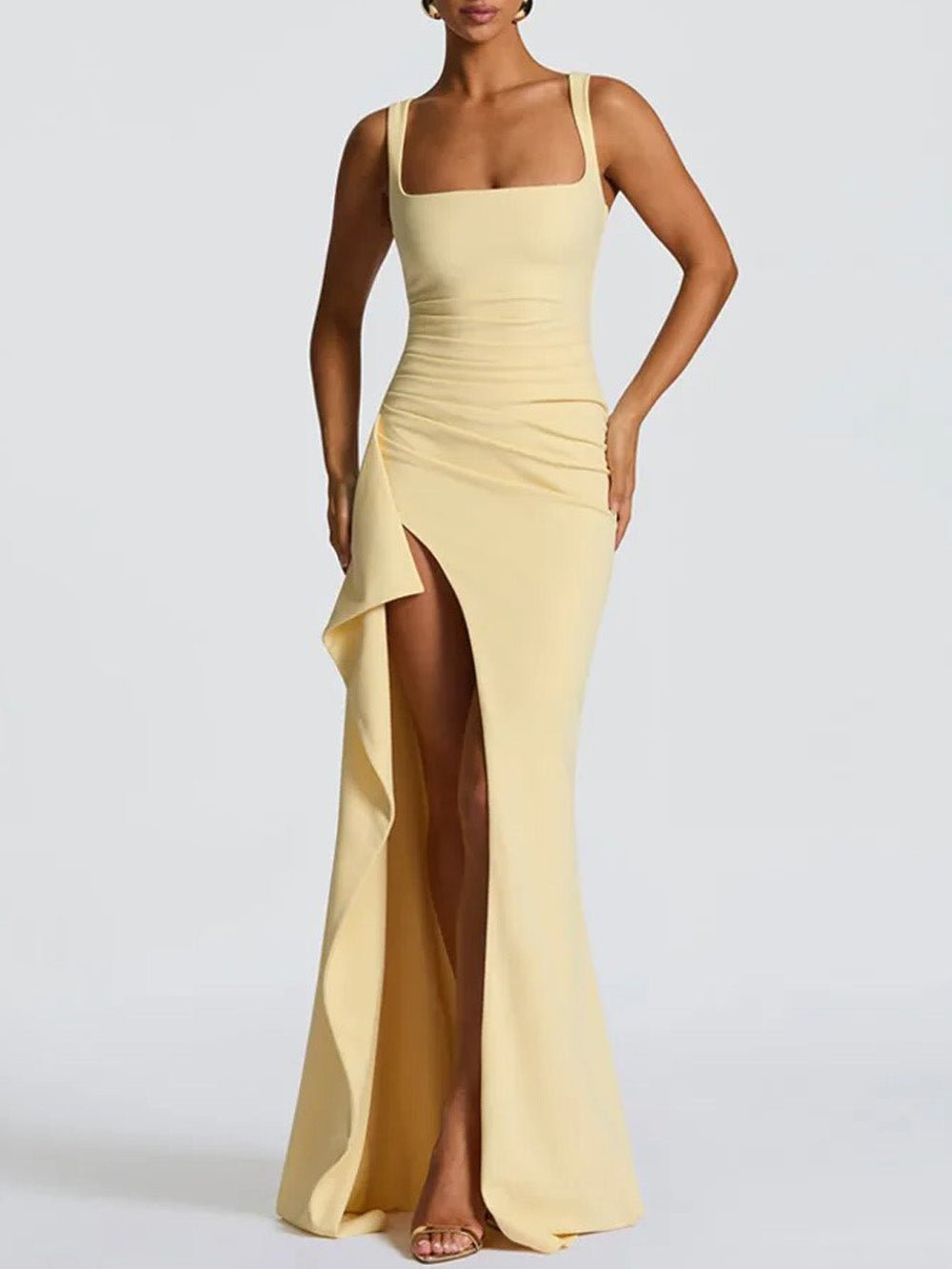 Yellow Square Neck Wide Strap Ruched Side Slit Cascade Ruffle Column Maxi Dress