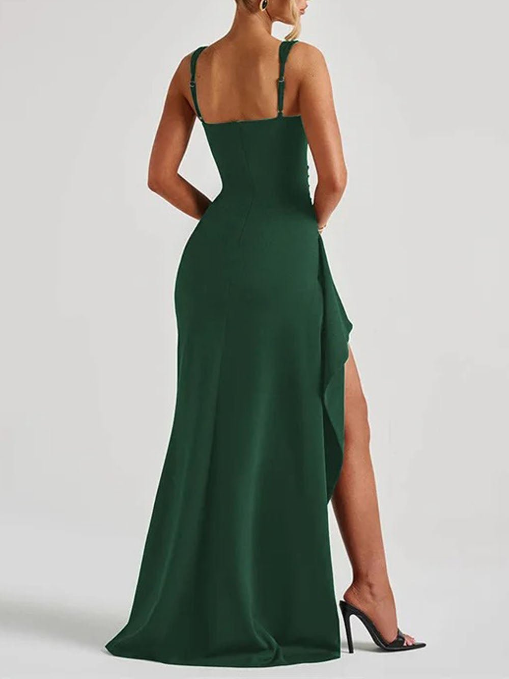Green Square Neck Wide Strap Ruched High Split Ruffle Maxi Dress