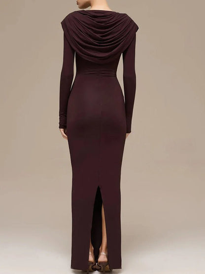 Brown Cowl Neck Long Sleeve Ruched Bodycon Maxi Dress