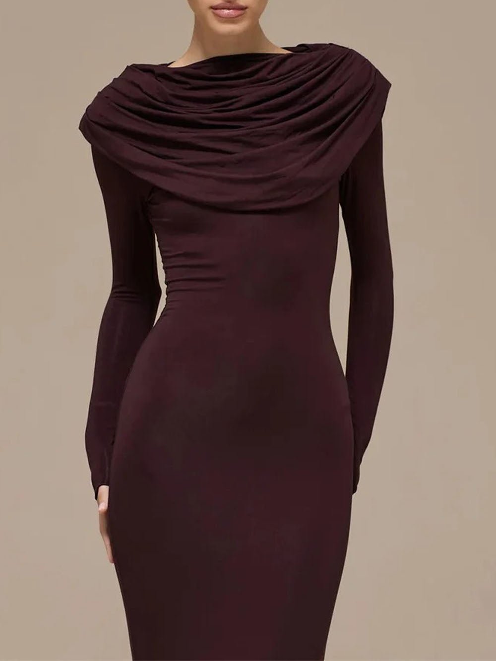 Brown Cowl Neck Long Sleeve Ruched Bodycon Maxi Dress