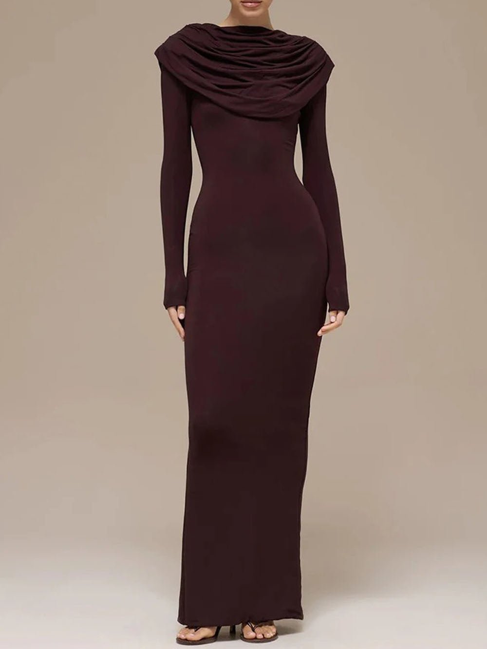 Brown Cowl Neck Long Sleeve Ruched Bodycon Maxi Dress