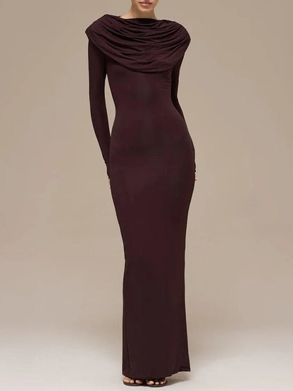 Brown Cowl Neck Long Sleeve Ruched Bodycon Maxi Dress